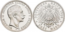Preußen: Wilhelm II. 1888-1918: 3 Mark 1908 A, Jaeger 103, zaponiert, stempelglanz.
 [differenzbesteuert]