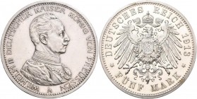 Preußen: Wilhelm II. 1888-1918: 5 Mark 1913 A, Büste in Uniform, Jaeger 114, zaponiert, feine Haarlinien, fast stempelglanz.
 [differenzbesteuert]