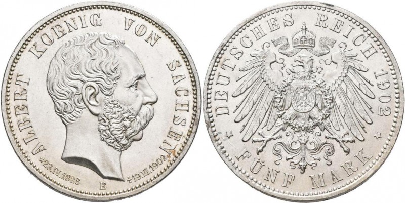 Sachsen: Albert 1873-1902: 5 Mark 1902 E, auf den Tod mit Lebensdaten, Jaeger 12...