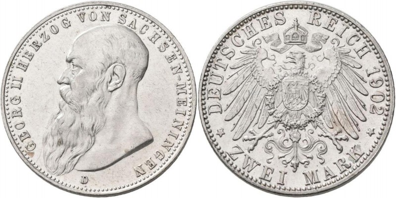 Sachsen-Meiningen: Georg II. 1866-1914: 2 Mark 1902 D, Bart berührt Perlkreis, J...