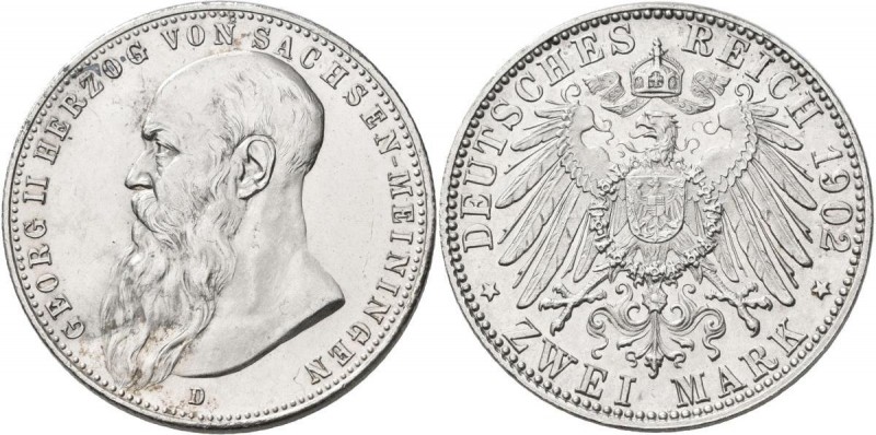 Sachsen-Meiningen: Georg II. 1866-1914: 2 Mark 1902 D, Bart berührt Perlkreis, J...