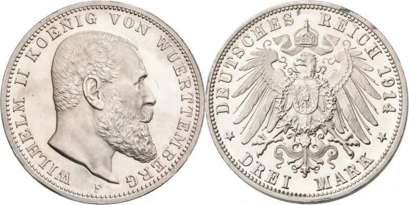 Württemberg: Wilhelm II. 1891-1918: 3 Mark 1914 F, Jaeger 175, winzige Kratzer, ...