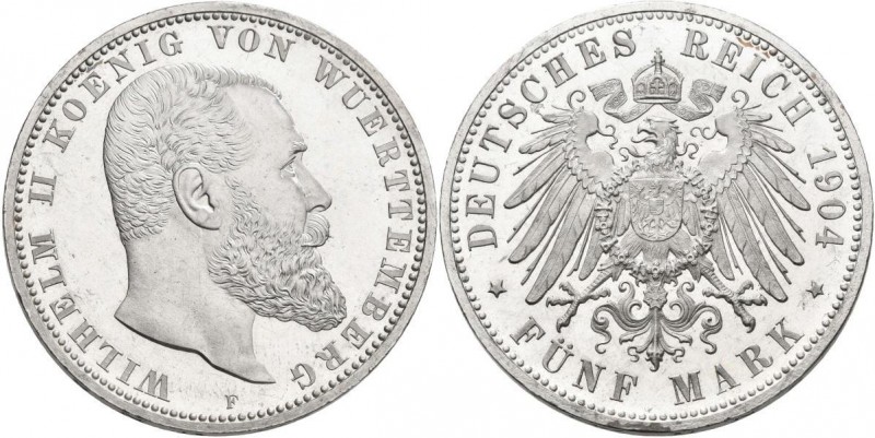 Württemberg: Wilhelm II. 1891-1918: 5 Mark 1904 F, Jaeger 176, Prachtexemplar, s...