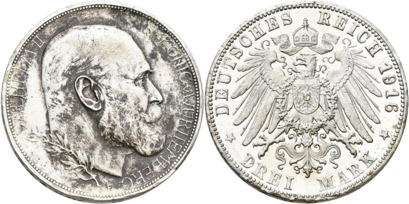 Württemberg: Wilhelm II. 1891-1918: GALVANO, 3 Mark 1916, auf das 25-jährige Reg...