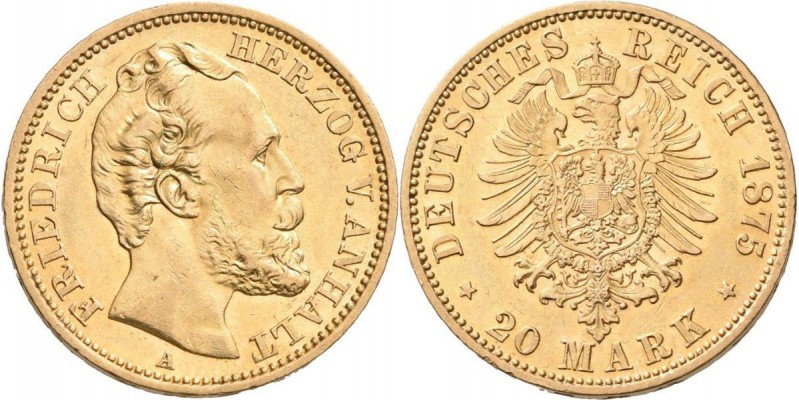 Anhalt: Friedrich I. 1871-1904: 20 Mark 1875, Jaeger 179. 7,94 g, 900/1000 Gold....