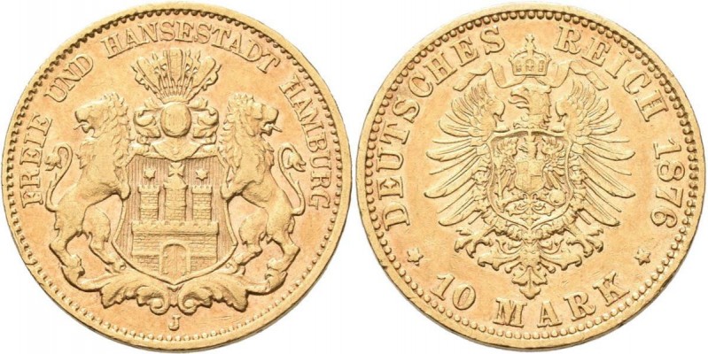 Hamburg: Freie und Hansestadt: 10 Mark 1876 J, Jaeger 209. 3,94 g, 900/1000 Gold...