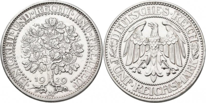 Weimarer Republik: 5 Reichsmark 1929 A, Eichbaum, Jaeger 331, feine Haarlinien, ...