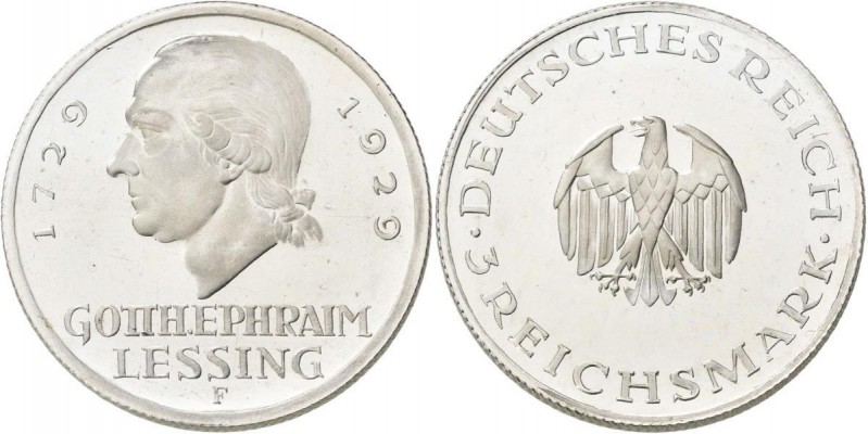 Weimarer Republik: 3 Reichsmark 1929 F, Lessing, Jaeger 335, berieben, polierte ...