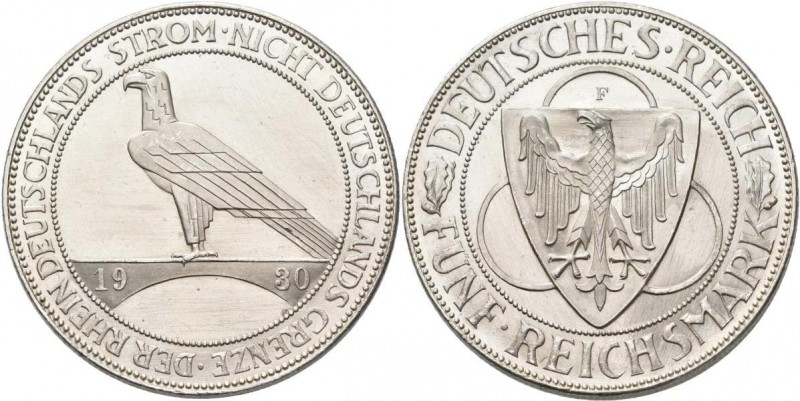 Weimarer Republik: 5 Reichsmark 1930 F, Rheinlandräumung, Jaeger 346, wenige Kra...