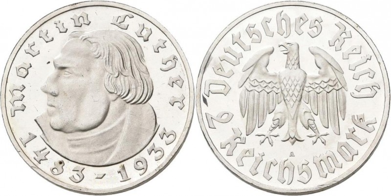 Drittes Reich: 2 Reichsmark 1933 A, Luther, Jaeger 352, minimal berieben, polier...