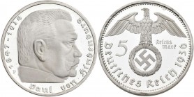 Drittes Reich: 5 Reichsmark 1936 F. Hindenburg mit Hakenkreuz, Jaeger 367. Minimal berieben, zaponiert, polierte Platte.
 [differenzbesteuert]