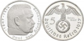 Drittes Reich: 5 Reichsmark 1937 F. Hindenburg mit Hakenkreuz, Jaeger 367. Minimal berieben, zaponiert, polierte Platte.
 [differenzbesteuert]
