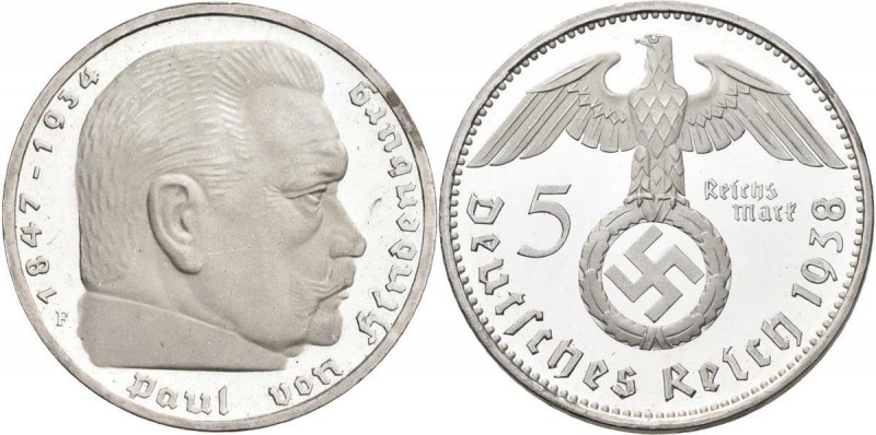 Drittes Reich: 5 Reichsmark 1938 F. Hindenburg mit Hakenkreuz, Jaeger 367. Minim...