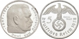 Drittes Reich: 5 Reichsmark 1938 F. Hindenburg mit Hakenkreuz, Jaeger 367. Minimal berieben, zaponiert, polierte Platte.
 [differenzbesteuert]
Gebot...