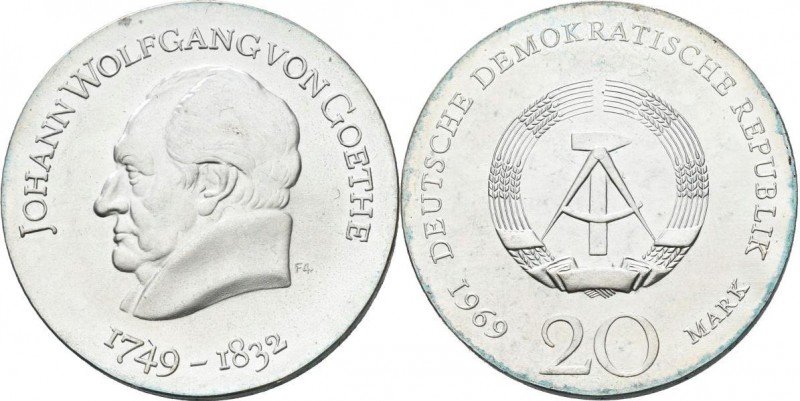 DDR: 20 Mark 1969, Johann Wolfgang von Goethe, Jaeger 1525, Grünspan, sonst stem...