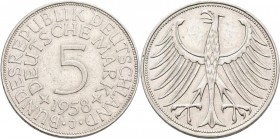 Bundesrepublik Deutschland 1948-2001: 5 DM Kursmünze 1958 J, nur 60.000 Ex., Jaeger 387, Kratzer, sehr schön.
 [differenzbesteuert]
