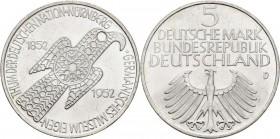 Bundesrepublik Deutschland 1948-2001: 5 DM 1952 D, Germanisches Museum, Jaeger 388. Prachtexemplar, winzige Kratzer, vorzüglich - stempelglanz.
 [dif...