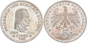 Bundesrepublik Deutschland 1948-2001: 5 DM 1955 F, Friedrich Schiller, Jaeger 389. Minimal berieben, Patinaansatz, vorzüglich.
 [differenzbesteuert]