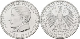 Bundesrepublik Deutschland 1948-2001: 5 DM 1957 J, Freiherr von Eichendorff, Jaeger 391. Winzige Randfehler, polierte Platte.
 [differenzbesteuert]