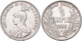 Deutsch-Ostafrika: Wilhelm II. 1888-1918: DOA / Deutsch-Ostafrika: ½ Rupie 1906 J, Jaeger 721, Kratzer, fast vorzüglich.
 [differenzbesteuert]