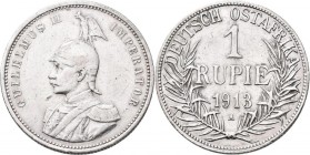 Deutsch-Ostafrika: Wilhelm II. 1888-1918: DOA / Deutsch-Ostafrika: 1 Rupie 1913 A, Jaeger 722. Kratzer, sehr schön.
 [differenzbesteuert]