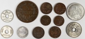 Deutsch-Ostafrika: Lot 11 Münzen, 1 Rupie 1905 A / 1/4 Rupie 1904 A / 10 Heller 1910J / 5 Heller 1909 J / 5 Heller 1913 A (2x) / 1 Heller 1904 A, 1906...