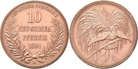 Deutsch-Neuguinea: 10 Neu-Guinea Pfennig 1894 A, Paradiesvogel, Jaeger 703, zaponiert, Kratzer, sehr schön-vorzüglich.
 [differenzbesteuert]