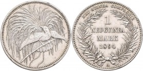 Deutsch-Neuguinea: 1 Neu-Guinea Mark 1894 A, Paradiesvogel, Jaeger 705, kleine Kratzer, vorzüglich.
 [differenzbesteuert]