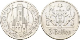 Danzig: 5 Gulden 1923 Marienkirche. Jaeger D9. 24,92 g. Silber. Kratzer, Randfehler, sehr schön.
 [differenzbesteuert]