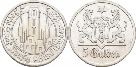 Danzig: 5 Gulden 1927 Marienkirche. Jaeger D9. 25,0 g. Silber. Winzige Kratzer, kaum sichtbarer Randschlag, vorzüglich.
 [differenzbesteuert]