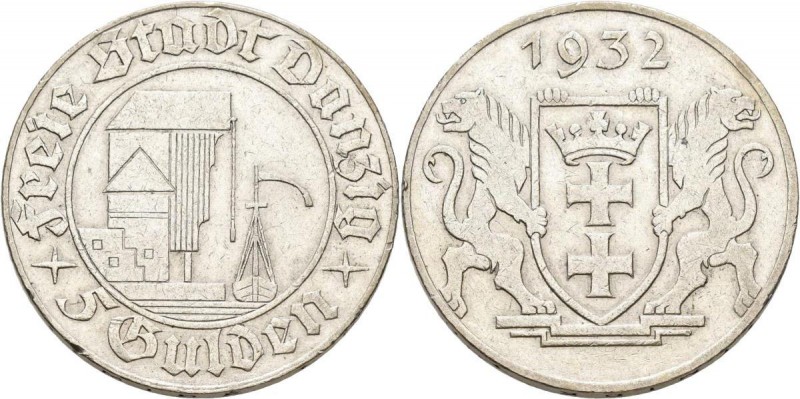 Danzig: 5 Gulden 1932 Krantor. Jaeger D18. 14,9 g. Silber. Kratzer, Randfehler, ...