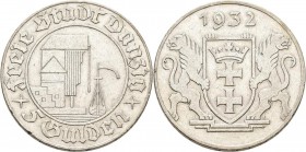 Danzig: 5 Gulden 1932 Krantor. Jaeger D18. 14,9 g. Silber. Kratzer, Randfehler, sehr schön.
 [differenzbesteuert]