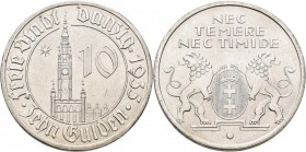 Danzig: 10 Gulden 1935 Rathaus. Jaeger D20. 17,0 g. Nickel. Überdurchschnittlich erhalten, kleine Kratzer im Feld, sonst vorzüglich - stempelglanz.
 ...