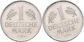 Proben & Verprägungen: Bundesrepublik Deutschland: FEHLPRÄGUNG 1 Mark (J. 385) 1994, beidseitig mit Wertzahl geprägt (2 x Wertseite), Prägestätte somi...