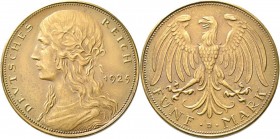 Proben & Verprägungen: Weimarer Republik 1918-1933: Probeprägung in Bronze, 5 Reichsmark 1925, Entwurf von Karl Goetz, Schaaf 331 G2, Vs-Version 2, Rs...