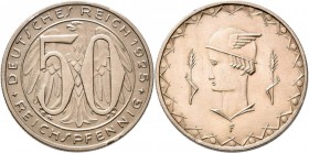 Proben & Verprägungen: Weimarer Republik 1918-1933: Probeprägung in Kupfer-Nickel, 50 Reichspfennig 1925 F. Schaaf 324 G6, 5,07 g, Riffelrand, zaponie...