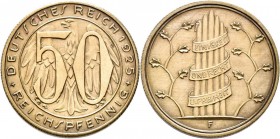 Proben & Verprägungen: Weimarer Republik 1918-1933: Probeprägung in Messing, 50 Reichspfennig 1925 F. Schaaf 324 G7, 4,74 g, Riffelrand, zaponiert, wi...