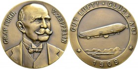 Medaillen Deutschland: Friedrichshafen: Bronzemedaille 1909 von Mayer & Wilhelm. Fahrten der Zeppelin-Luftschiffe. Brustbild des Grafen halbrechts / ü...