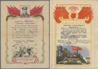 Orden & Ehrenzeichen: Sowietunion, 1945-1958, Partie mit 4 verschiedenen Ordensverleihungsurkunden von 1945 und einem Ordensbuch von 1958.
 [differen...