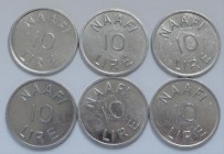 Italien: Sardinien, Lot 10 NAAFI Token zu 10 Lire (um 1944). Die Vorderseite trägt die Bezeichnung NAAFI und das Nominal (10 Lire), Einseitig. Alumini...