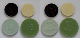 Niederlande: Plastic Money ”Ministerie van Oorlog” 1951. 4 x 1 Cents, 4 x 5 cents, 4 x 10 cents, 5 x 25 cents (davon 1 x zerbrochen). Die Tokens / Jet...