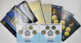 San Marino: Lot 9 Kursmünzensätze 2002-2004. Dabei: 2 x Minisatz 2002, 3 x KMS 2002, davon 1x mit Fehlprägung 20 cent (Schwachprägung), 2 x 2003 und 2...