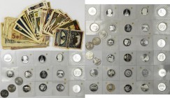 Bundesrepublik Deutschland 1948-2001: Lot 33 x 10 DM Gedenkmünzen, überwiegend polierte Platte. Dabei noch über 100 Geldscheine, überwiegend Notgeld....