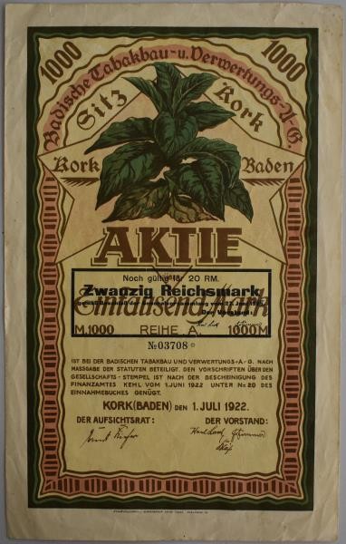 Alte Aktien / Wertpapiere: DEUTSCHLAND, Kork (Baden). Badische Tabakbau- u. Verw...