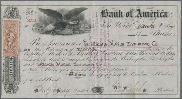 Alte Aktien / Wertpapiere: USA, New York. Bank of America Aktie Nr. 5536 vom 08....