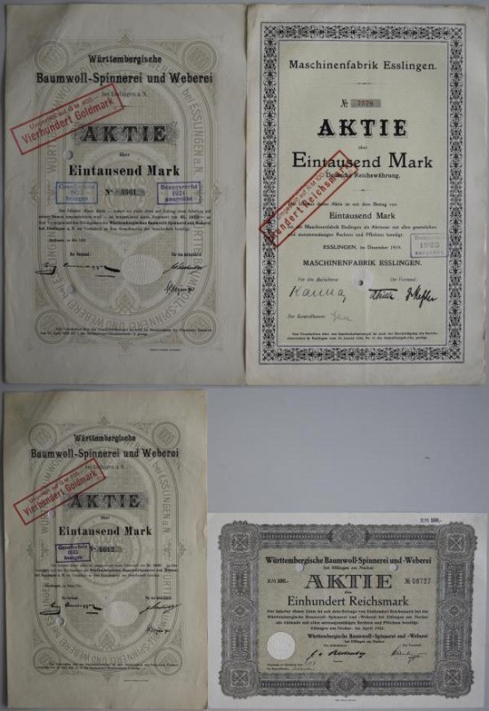 Alte Aktien / Wertpapiere: DEUTSCHLAND, Esslingen (Ba-Wü). Lot 4 verschiedene Ak...
