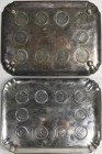 Varia, Sonstiges: Silbernes Tablett (ohne Stempel, ca. 24 cm x 18 cm) mit eingearbeiteten 10 Silbermünzen zu je 2 Schilling. Gesamtgewicht über 400 Gr...