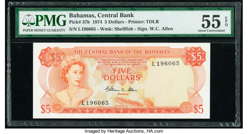 Bahamas Central Bank 5 Dollars 1974 Pick 37b PMG About Uncirculated 55 EPQ. 

HI...