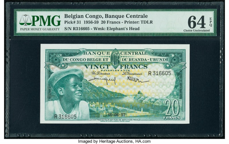 Belgian Congo Banque Centrale du Congo Belge 20 Francs 1.6.1957 Pick 31 PMG Choi...