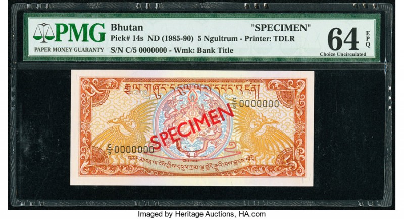 Bhutan Royal Monetary Authority 5 Ngultrum ND (1985-90) Pick 14s Specimen PMG Ch...